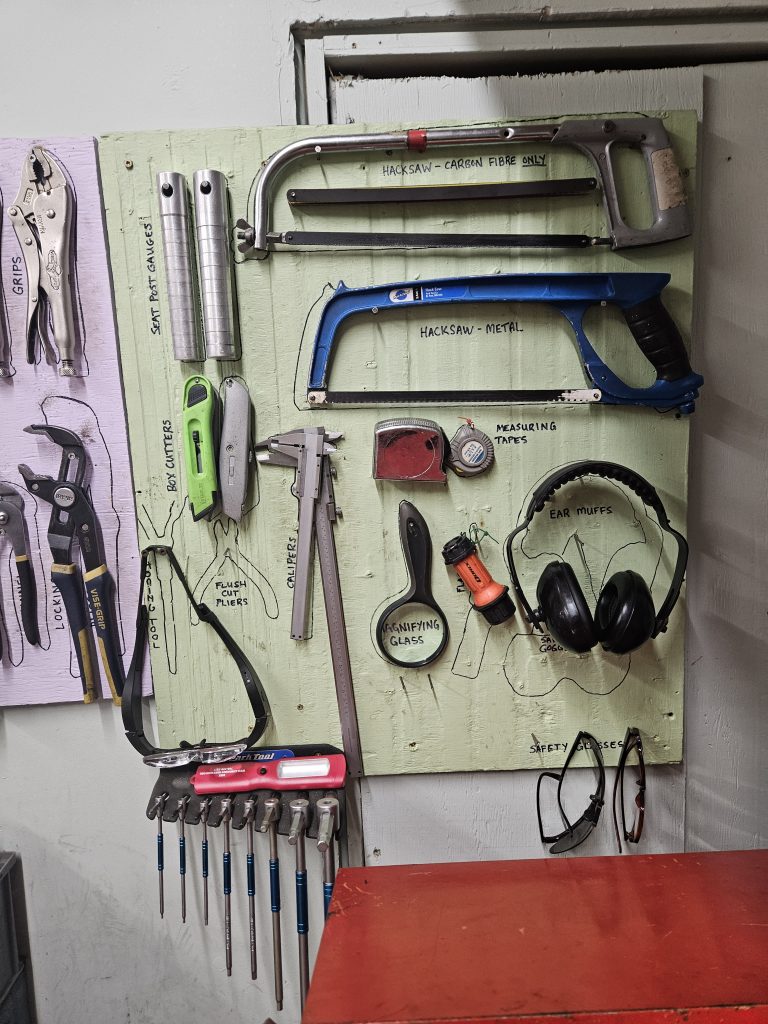 This is a tool board. it is light green. there are hack saws, calipers, box cutter knives and some ppe on the board.